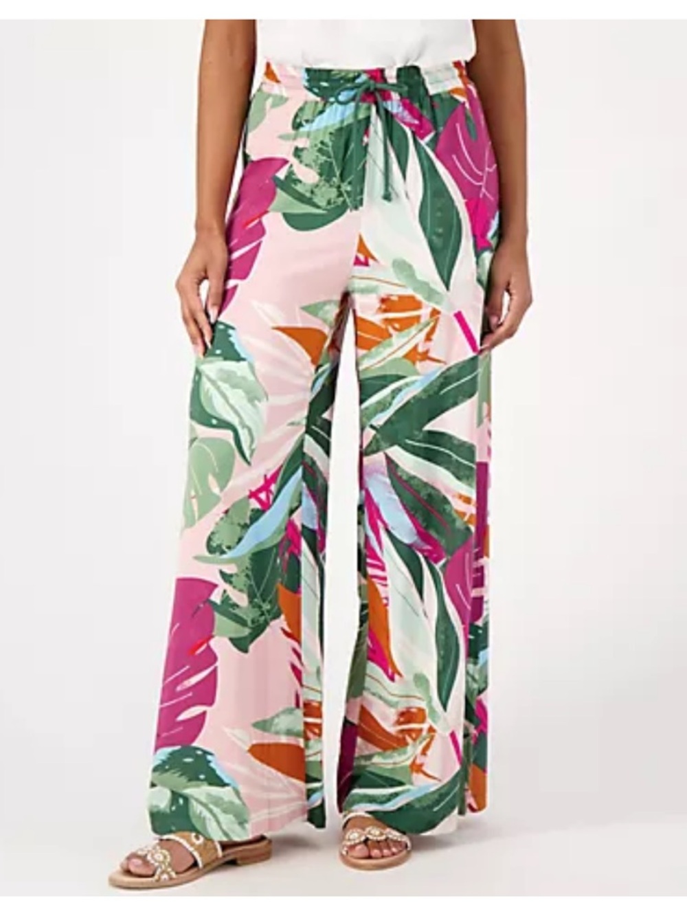 Peace Love World Wide Leg Pants Medium Woven Palm Leaves Pink Green